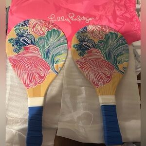 Lilly Pulitzer Pickle Ball Set with Pink and Blue Accents and bag.